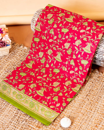 Elegant Voile Cotton Saree with a Traditional Floral Print and a Striped Border Detail - Dark Pink