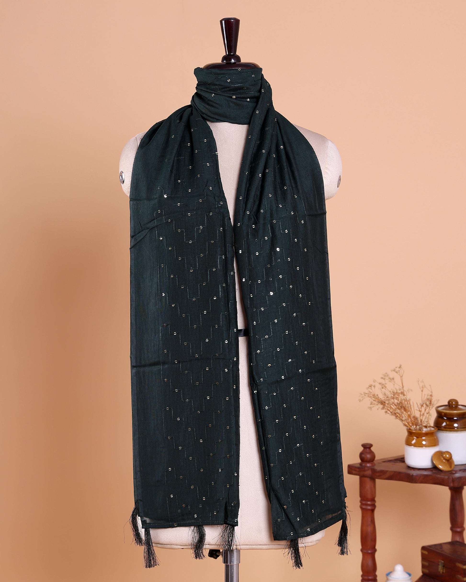 Elegant Women’s Designer Dupatta with Delicate Sequin Butta Embroidery, Dark Green