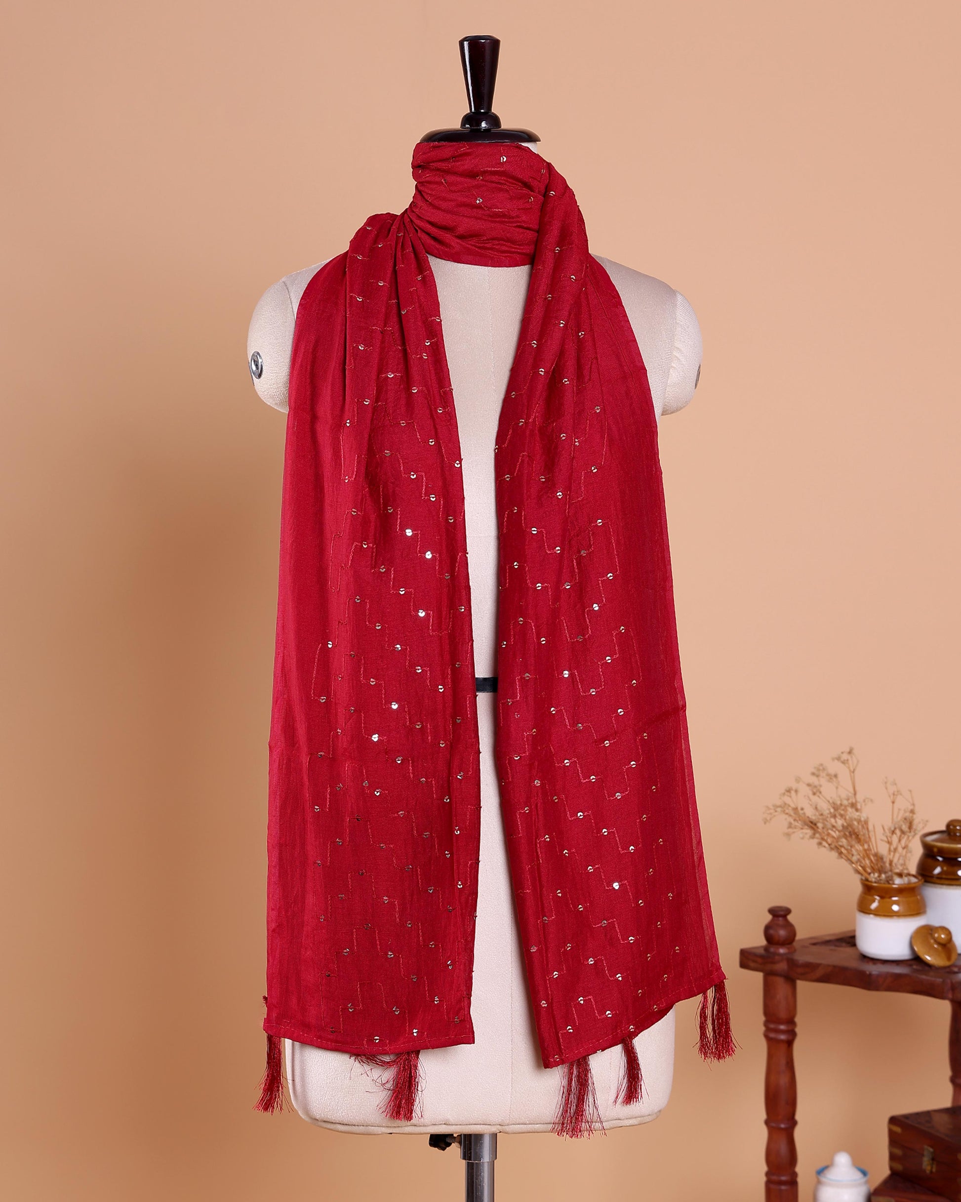 Elegant Women’s Designer Dupatta with Delicate Sequin Butta Embroidery - Red