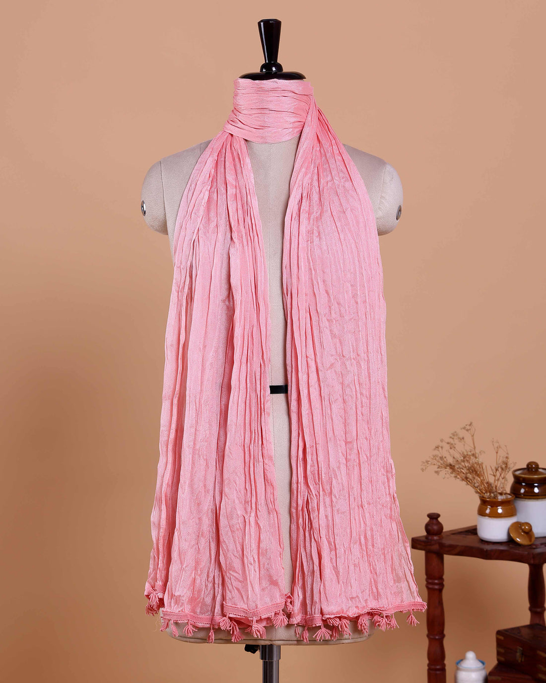 Elegant Women’s Dupatta in Soft Textured with Wrinkled Finish and Decorative Tassel Edges - Pink