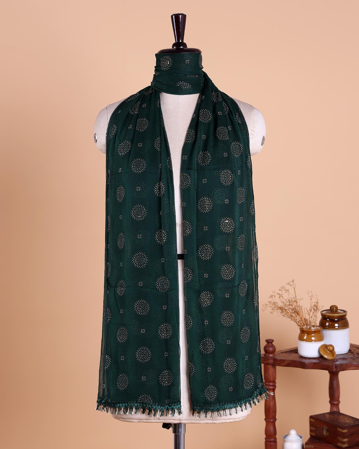 Elegant Women’s Dupatta with All Over Circular Sequin Butta Motifs with Delicate Embroidery & Tassel Border - Dark Green