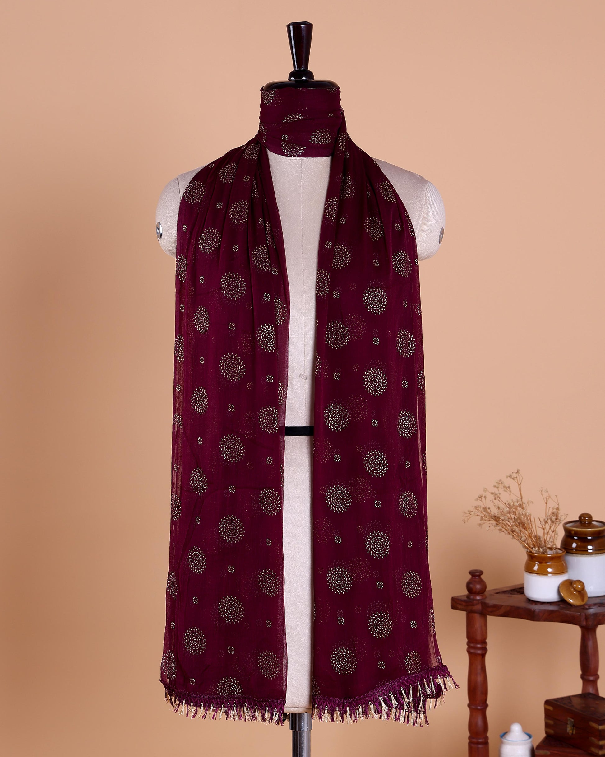 Elegant Women’s Dupatta with All Over Circular Sequin Butta Motifs with Delicate Embroidery & Tassel Border, Purple