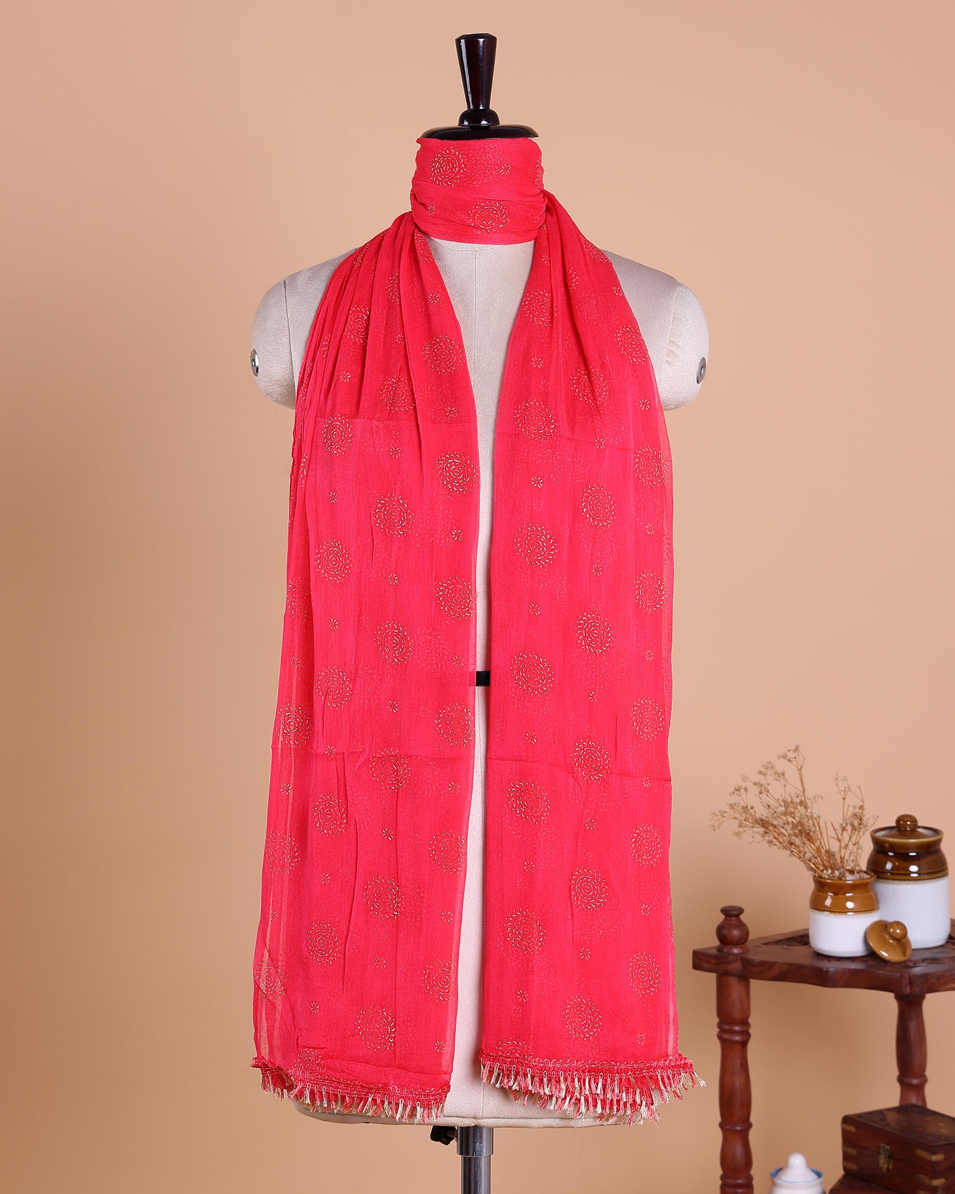 Elegant Women’s Dupatta with All Over Circular Sequin Butta Motifs with Delicate Embroidery & Tassel Border, Pink