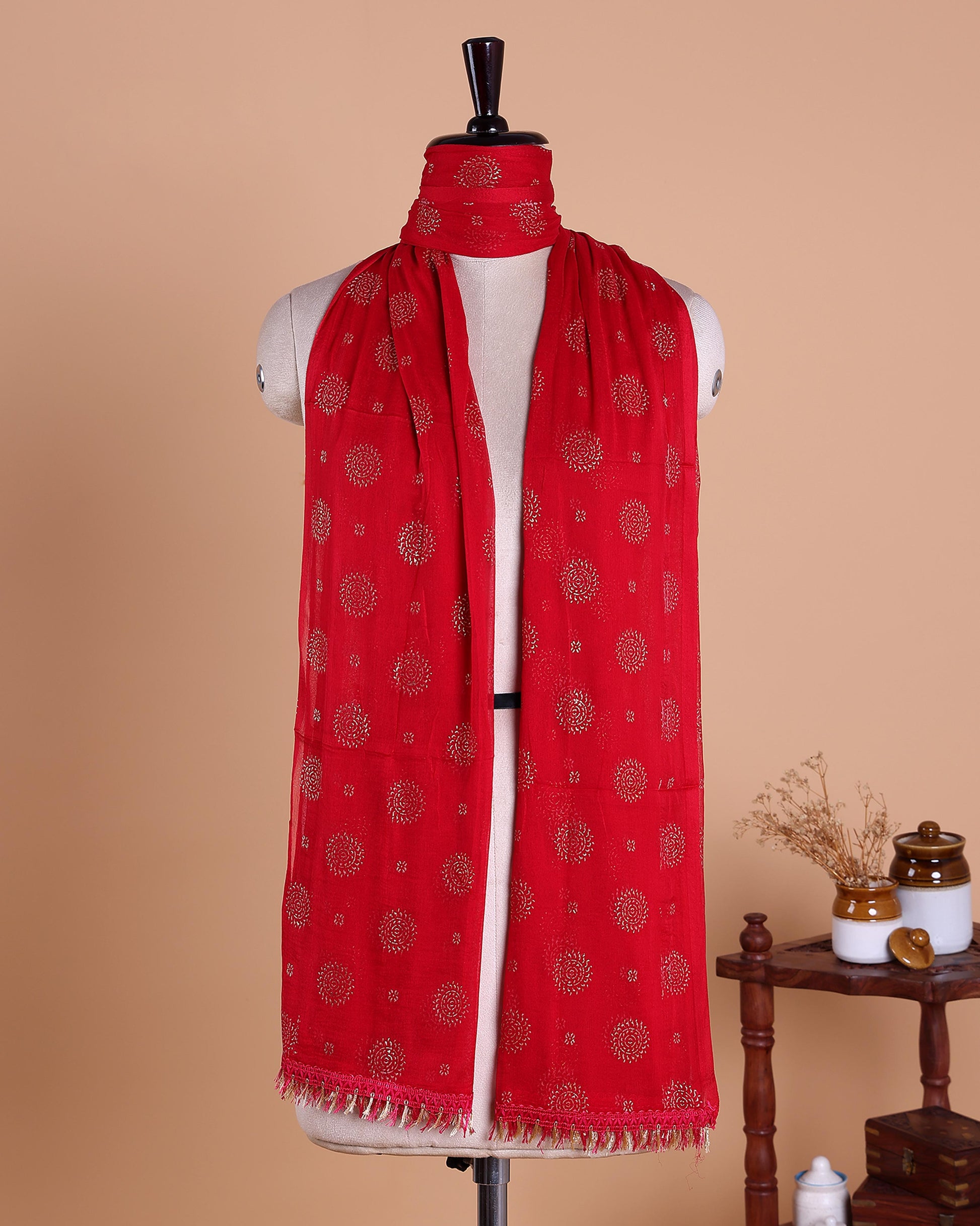 Elegant Women’s Dupatta with All Over Circular Sequin Butta Motifs with Delicate Embroidery & Tassel Border, Deep Pink