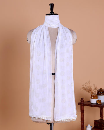 Elegant Women’s Dupatta with All Over Circular Sequin Butta Motifs with Delicate Embroidery & Tassel Border - White