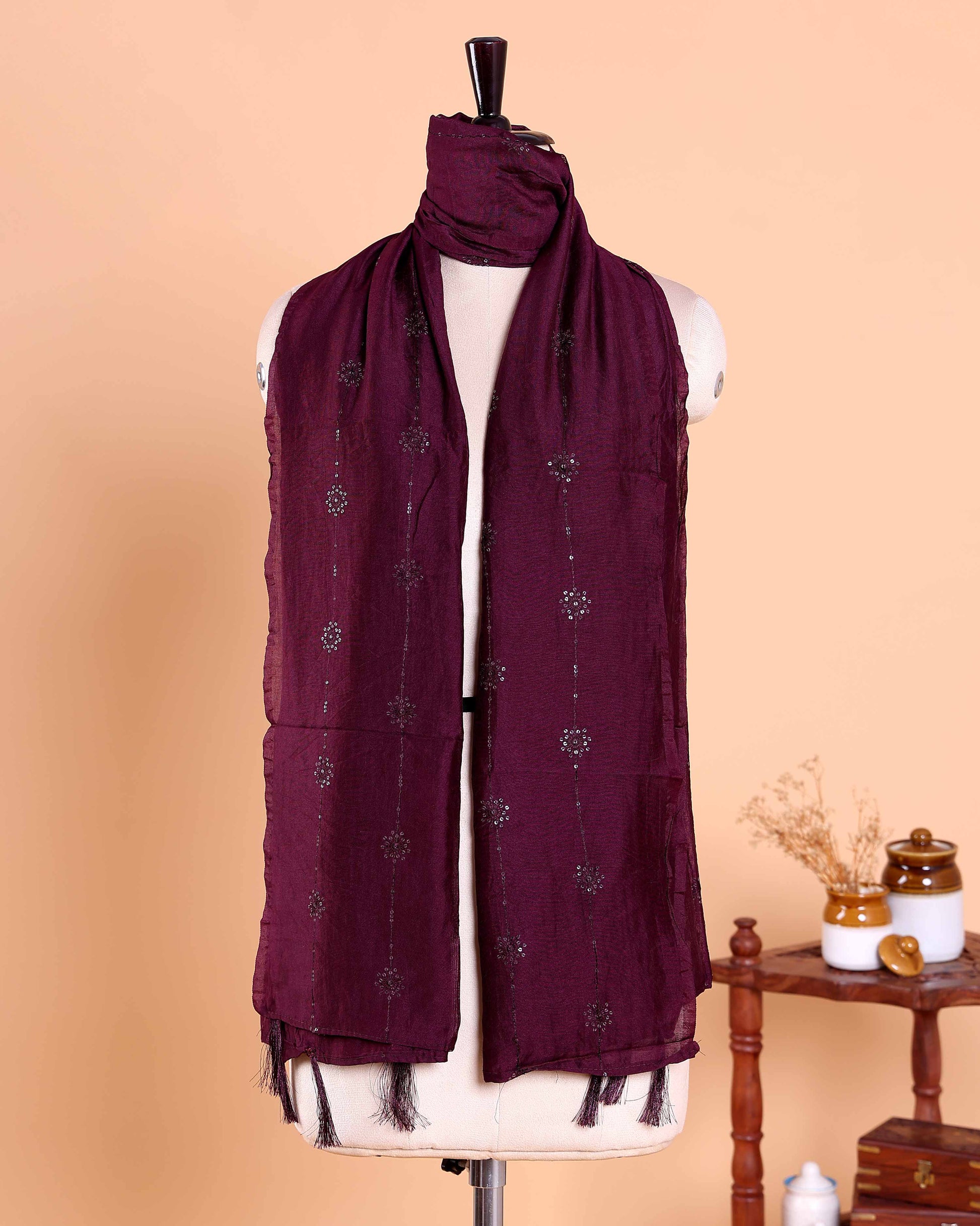 Elegant Women’s Dupatta with Delicate Floral Embellished Butta Design - Burgundy