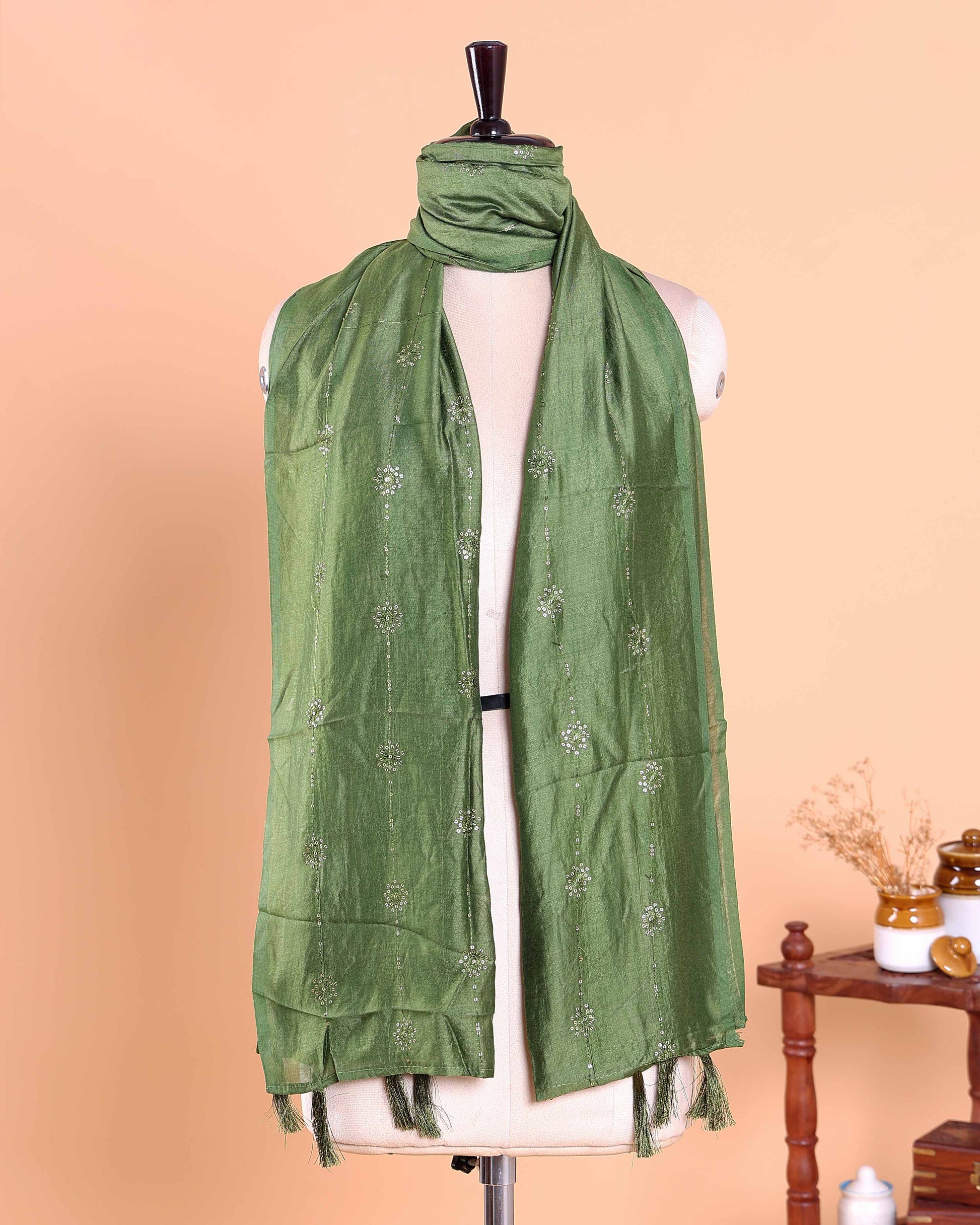 Elegant Embroidered Women’s Dupatta with Delicate Vertical Motif Pattern, Olive Green
