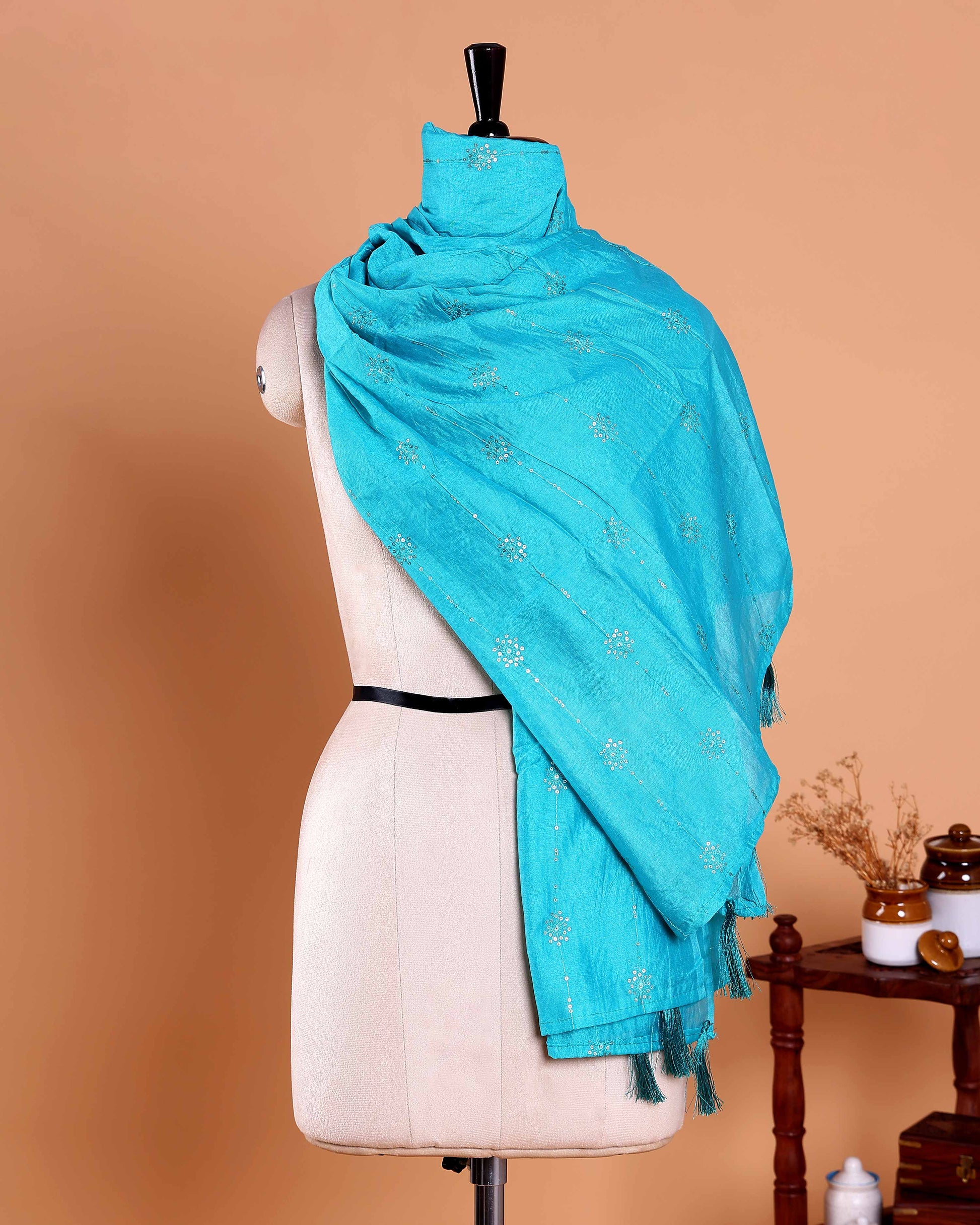Elegant Embroidered Women’s Dupatta with Delicate Vertical Motif Pattern, Teal
