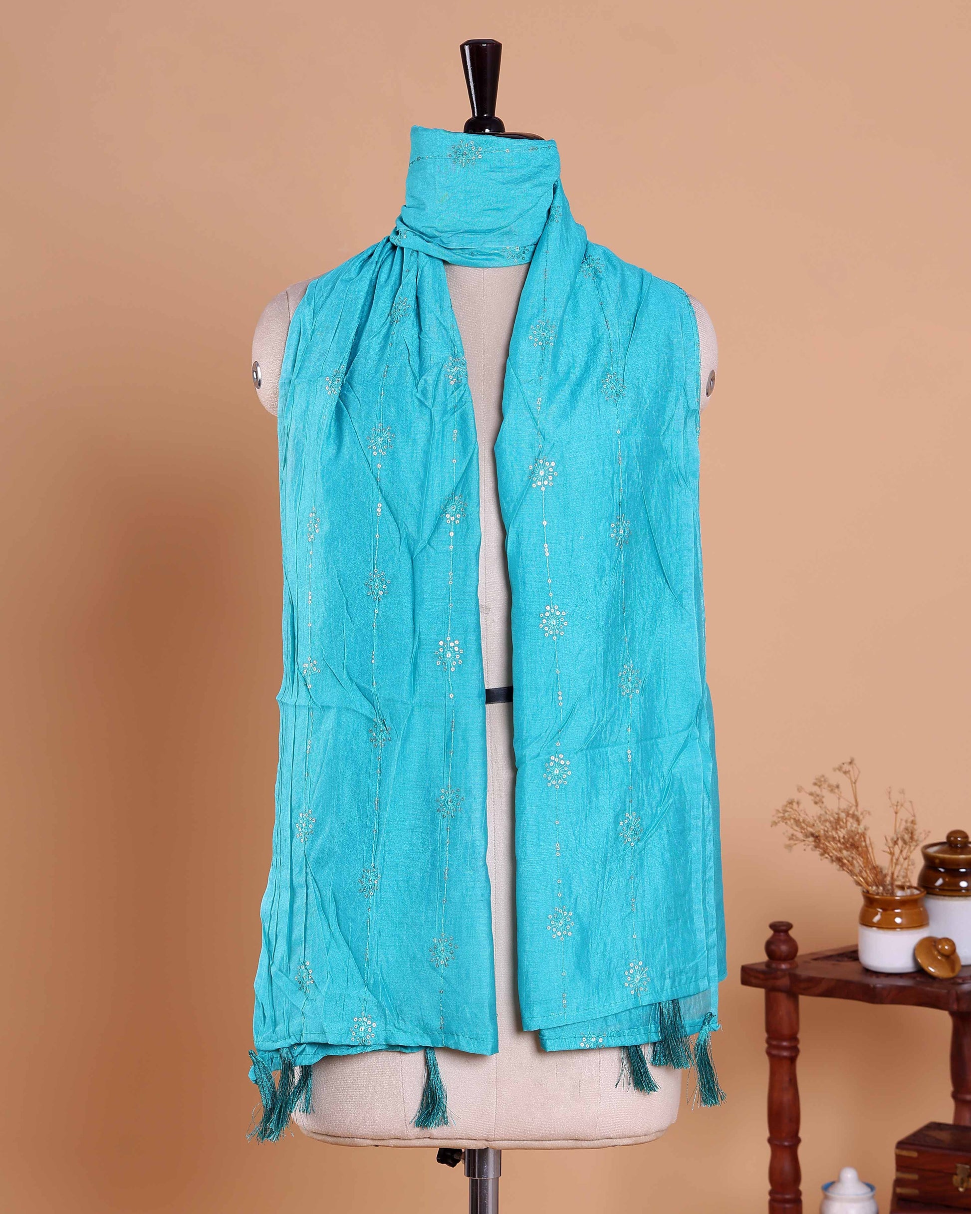 Elegant Embroidered Women’s Dupatta with Delicate Vertical Motif Pattern, Teal