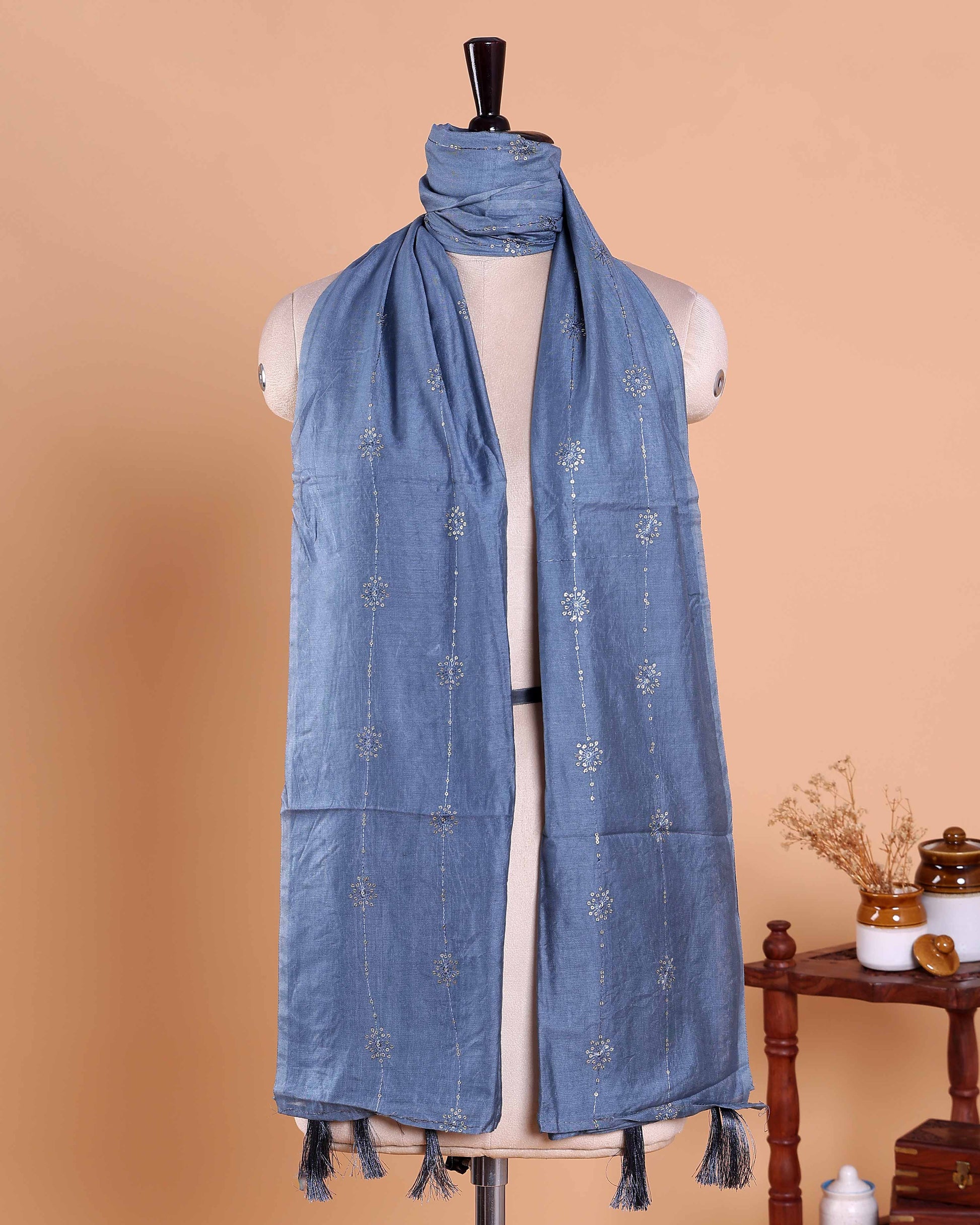 Elegant Women’s Dupatta with Delicate Floral Embellished Butta Design - Steel Blue