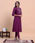 Elegant  Women's Embroidered A-Line Kurta and Straight Pant Set with Mirror Work - Purple