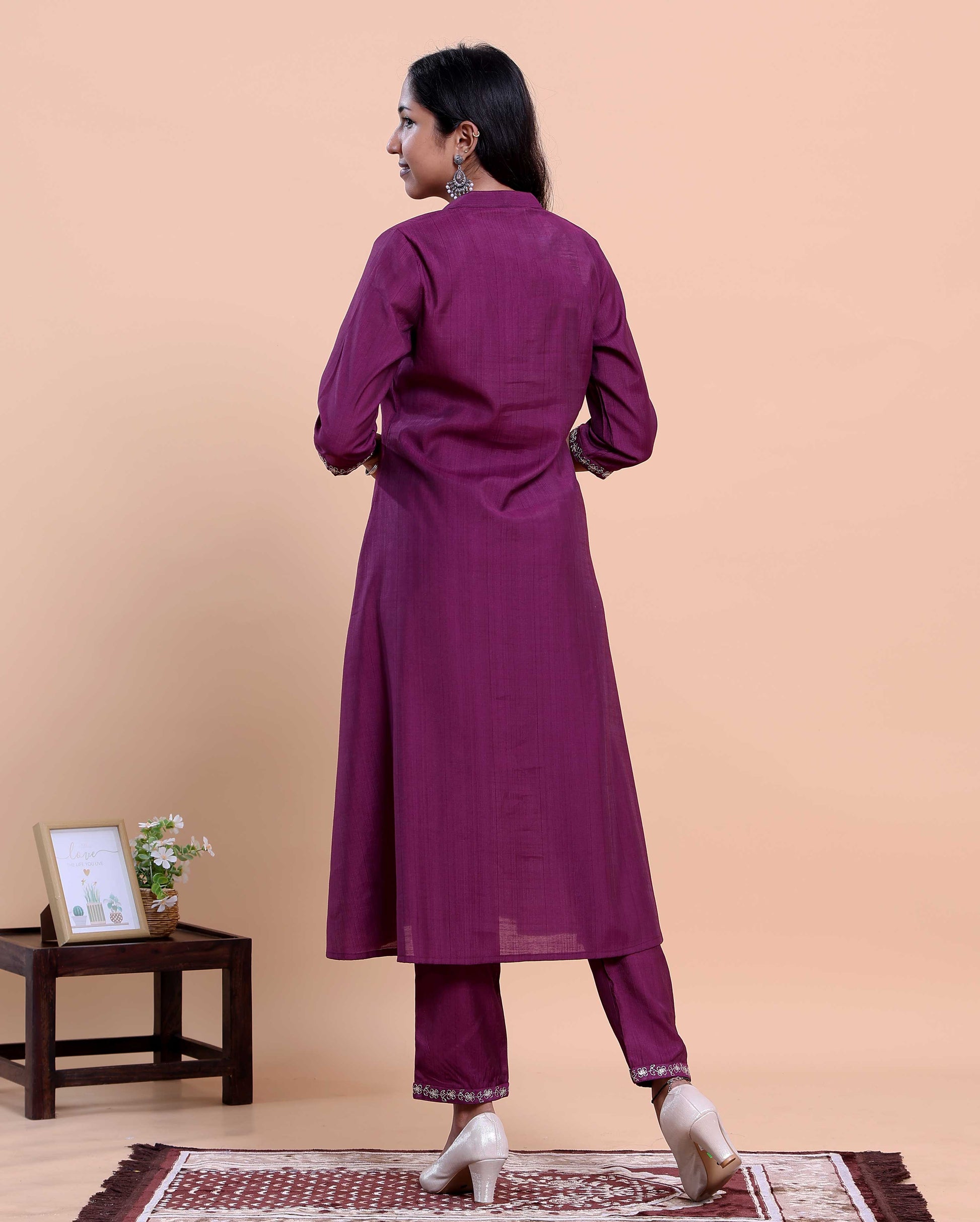 Elegant  Women's Embroidered A-Line Kurta and Straight Pant Set with Mirror Work - Purple