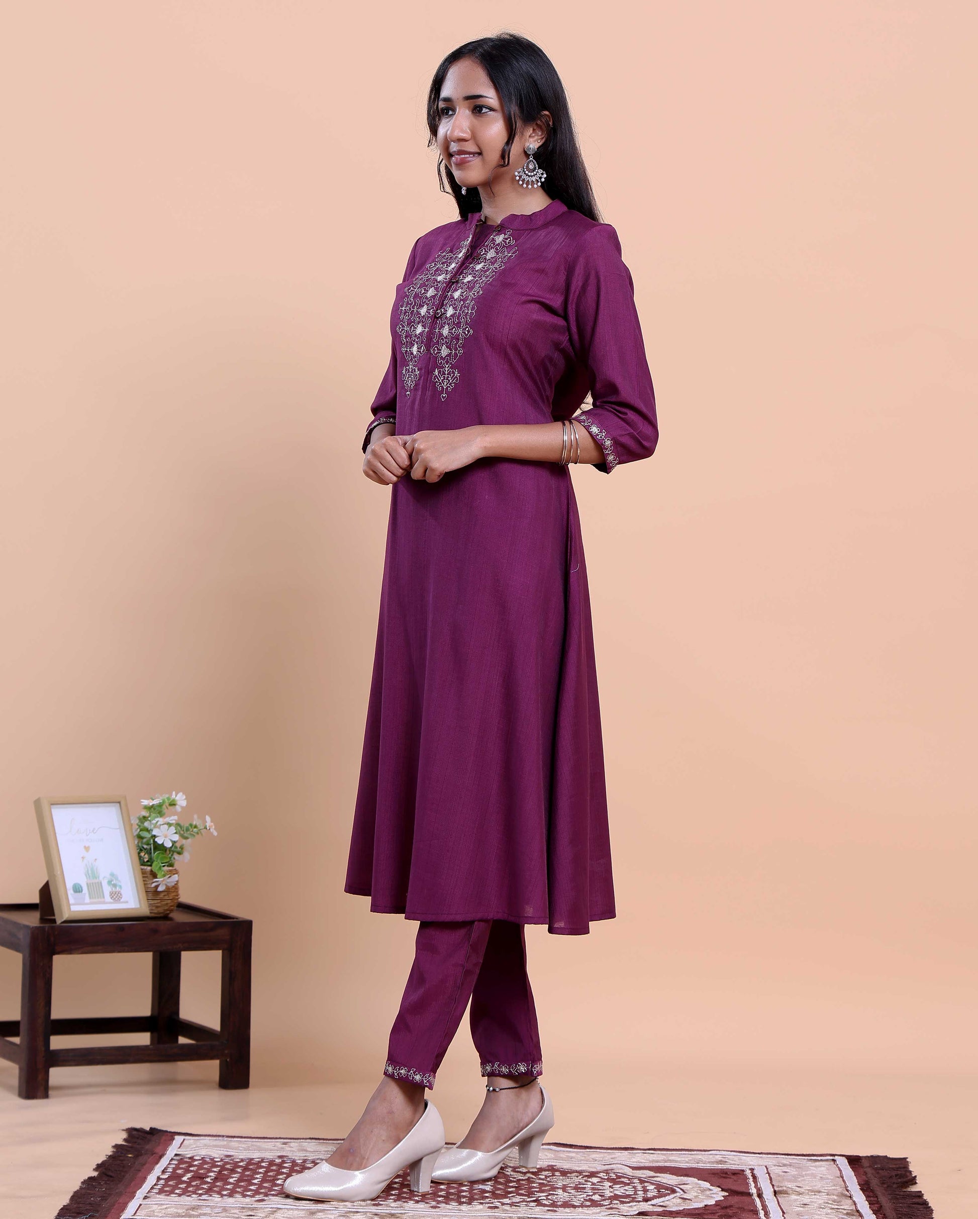 Elegant  Women's Embroidered A-Line Kurta and Straight Pant Set with Mirror Work - Purple