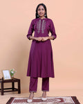 Elegant  Women's Embroidered A-Line Kurta and Straight Pant Set with Mirror Work - Purple