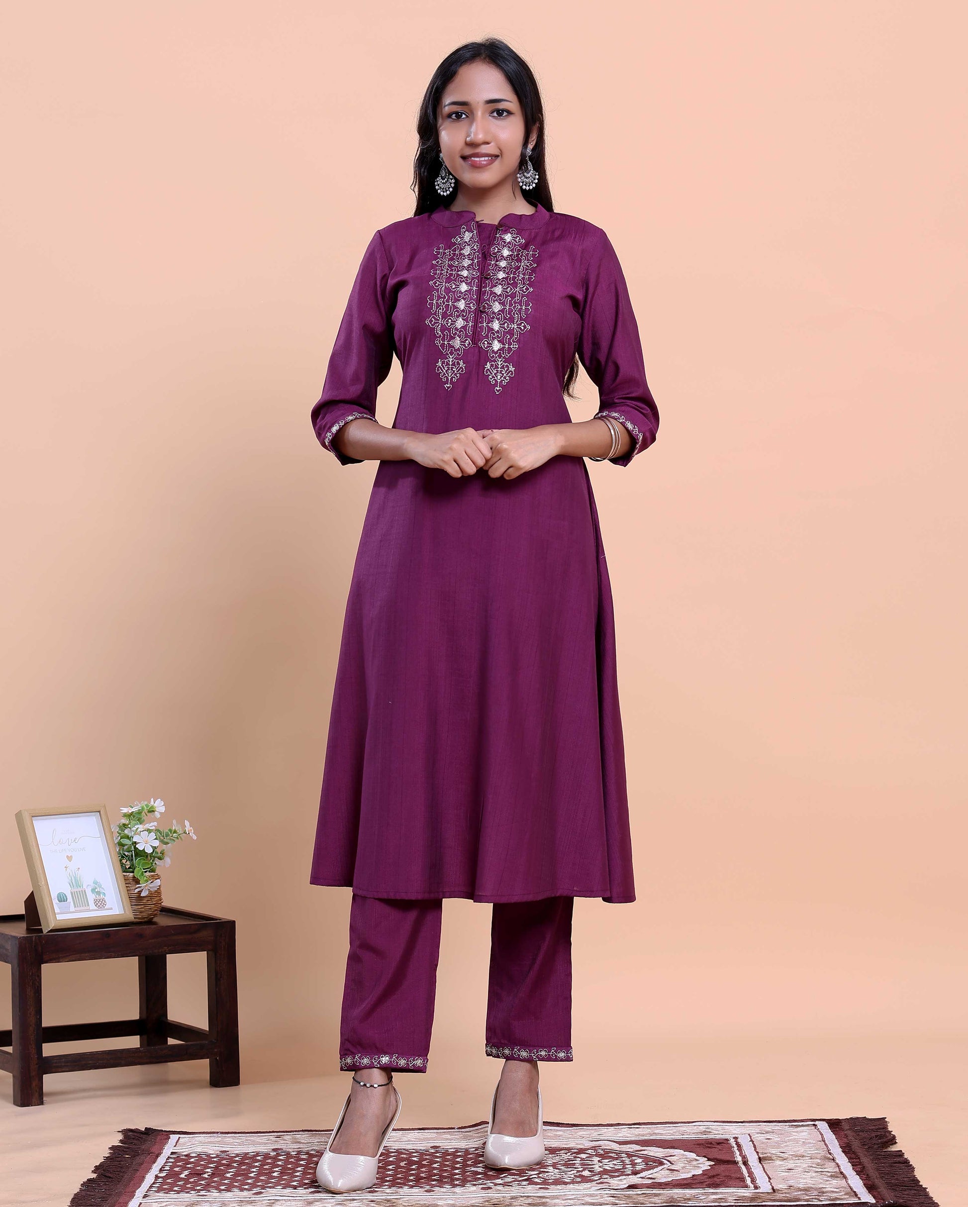 Elegant  Women's Embroidered A-Line Kurta and Straight Pant Set with Mirror Work - Purple