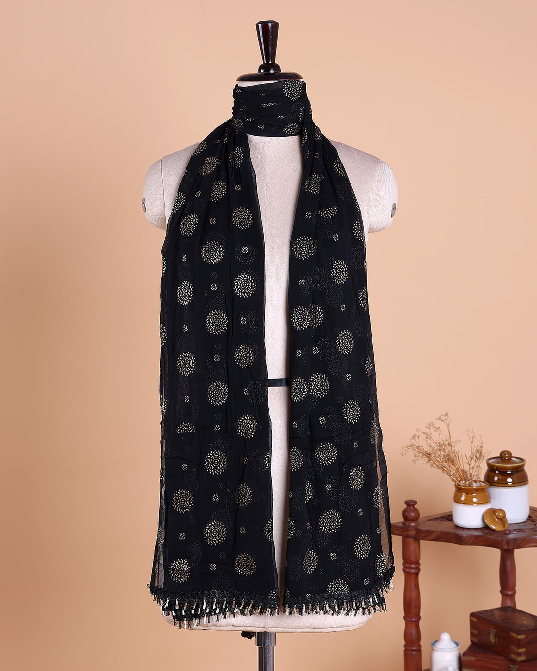 Elegant Women’s Dupatta with All Over Circular Sequin Butta Motifs with Delicate Embroidery & Tassel Border, Black