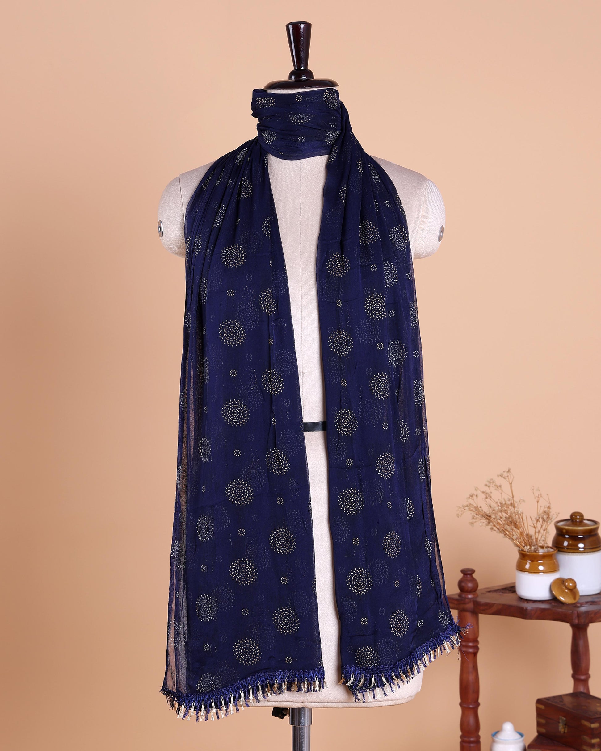 Elegant Women’s Dupatta with All Over Circular Sequin Butta Motifs with Delicate Embroidery & Tassel Border, Dark Blue
