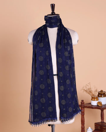 Elegant Women’s Dupatta with All Over Circular Sequin Butta Motifs with Delicate Embroidery & Tassel Border, Dark Blue
