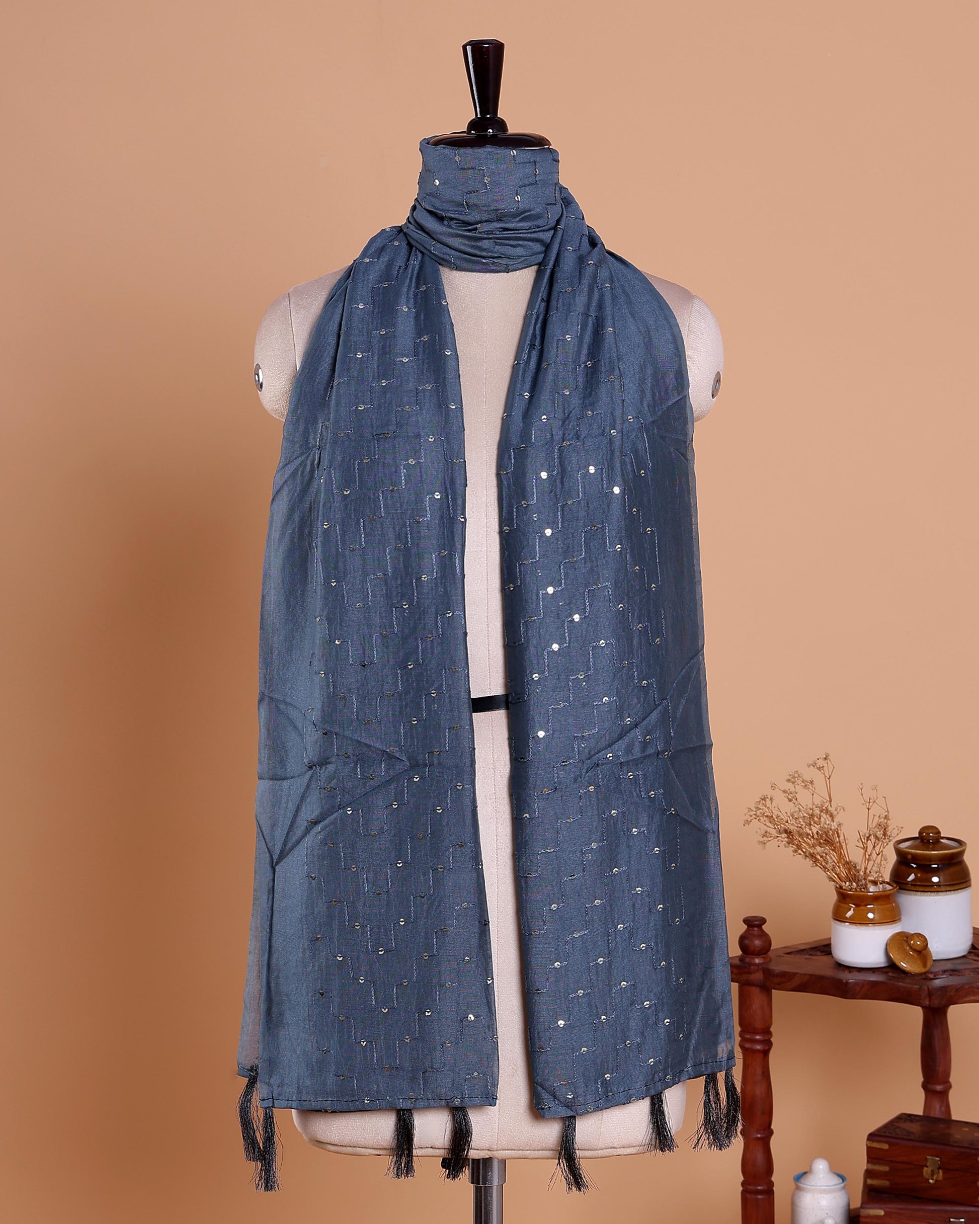 Elegant Women’s Embroidered Dupatta with Delicate All-Over Sequin Butta Work - Dark Grey