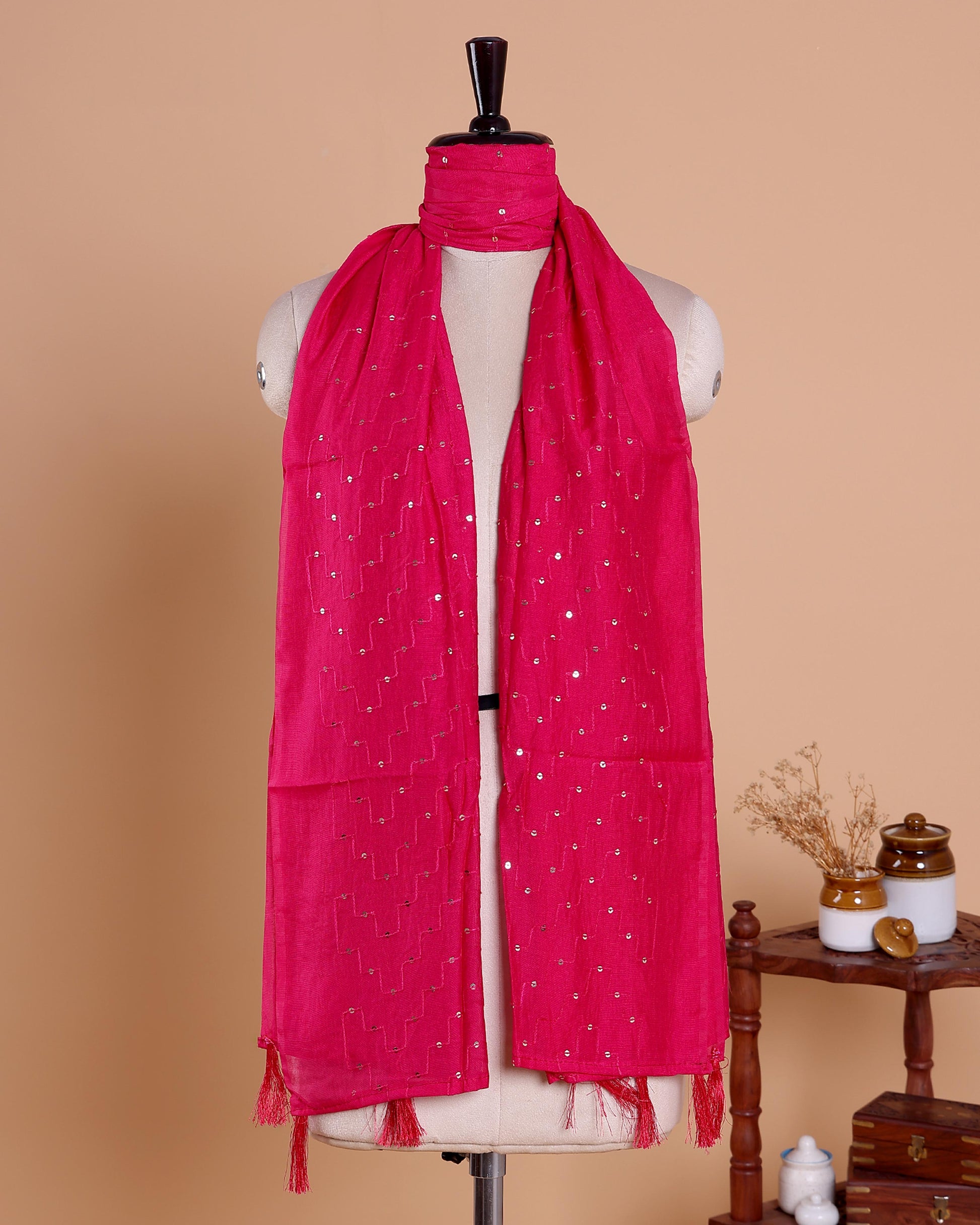 Elegant Women’s Embroidered Dupatta with Delicate All-Over Sequin Butta Work - Dark Pink