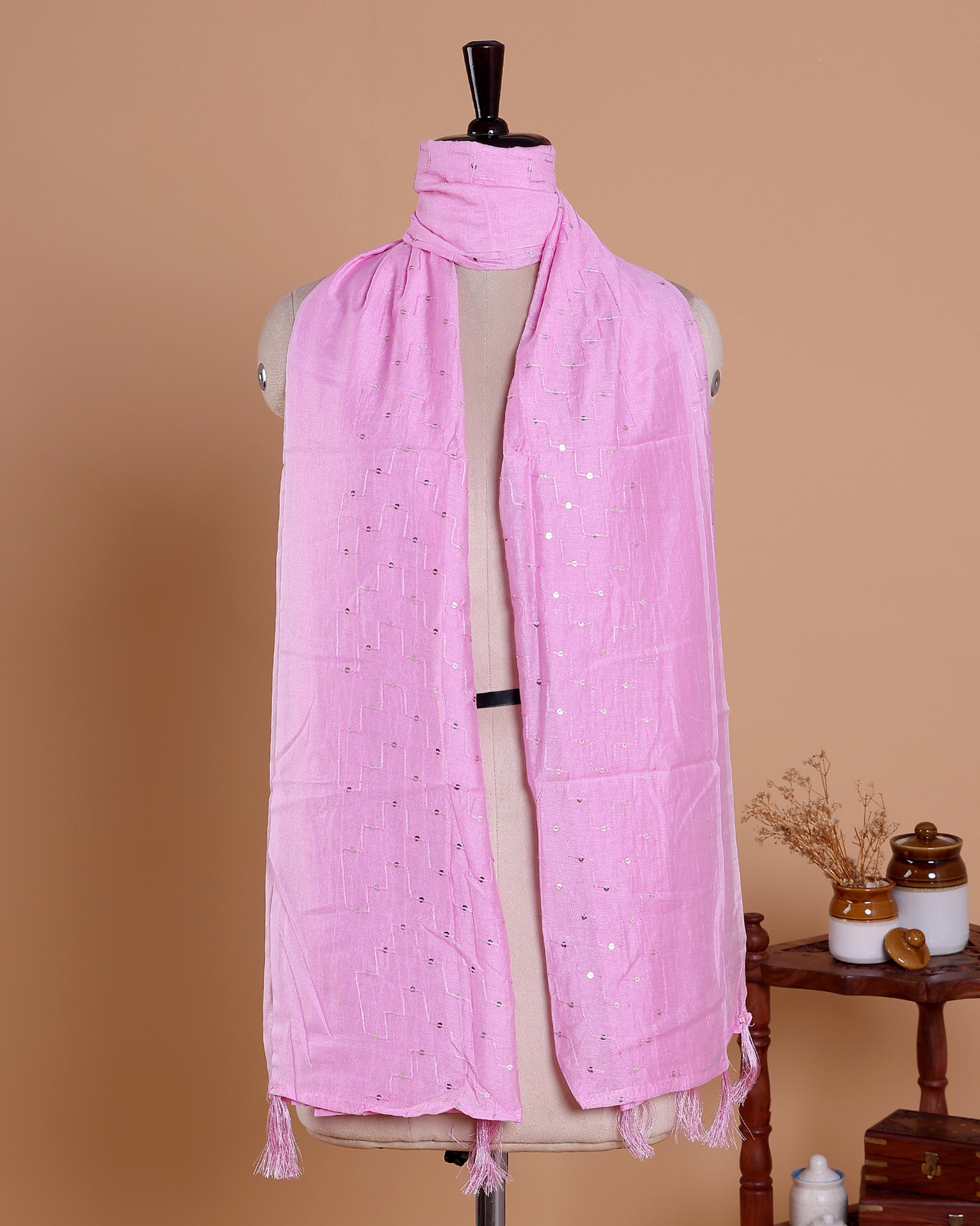 Elegant Women’s Designer Dupatta with Delicate Sequin Butta Embroidery, Light Pink