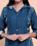 Elegant Women's Embroidered Shirt-Collar Kurta with Wide-Leg Pants - Navy Blue