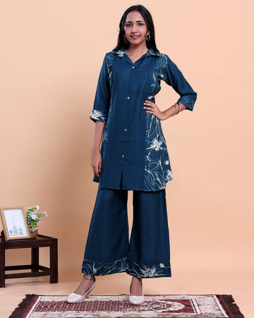 Elegant Women's Embroidered Shirt-Collar Kurta with Wide-Leg Pants - Navy Blue