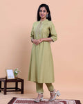 Elegant  Women's Ethnic Kurta with Yoke Embroidery and Straight Pants - Green