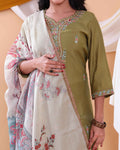 Elegant Women's Floral Embroidered Design Readymade Salwar Set - Green-Close