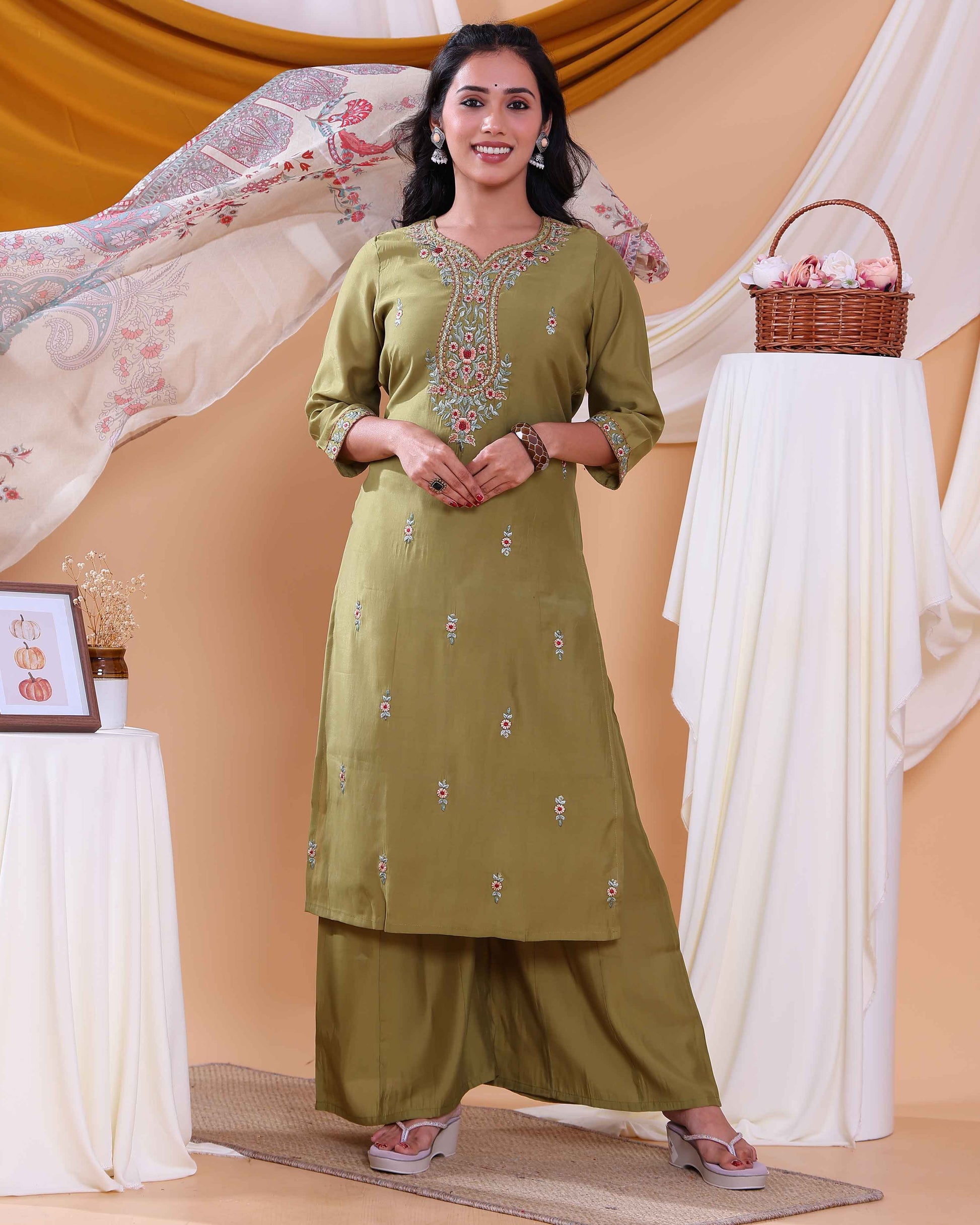 Elegant Women's Floral Embroidered Design Readymade Salwar Set - Green-Close