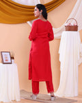 Elegant Women's Floral Embroidered Straight Fit Kurta Set with Dupatta - Red-Back