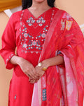 Elegant Women's Floral Embroidered Straight Fit Kurta Set with Dupatta - Red-Close