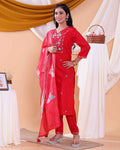 Elegant Women's Floral Embroidered Straight Fit Kurta Set with Dupatta - Red-Side