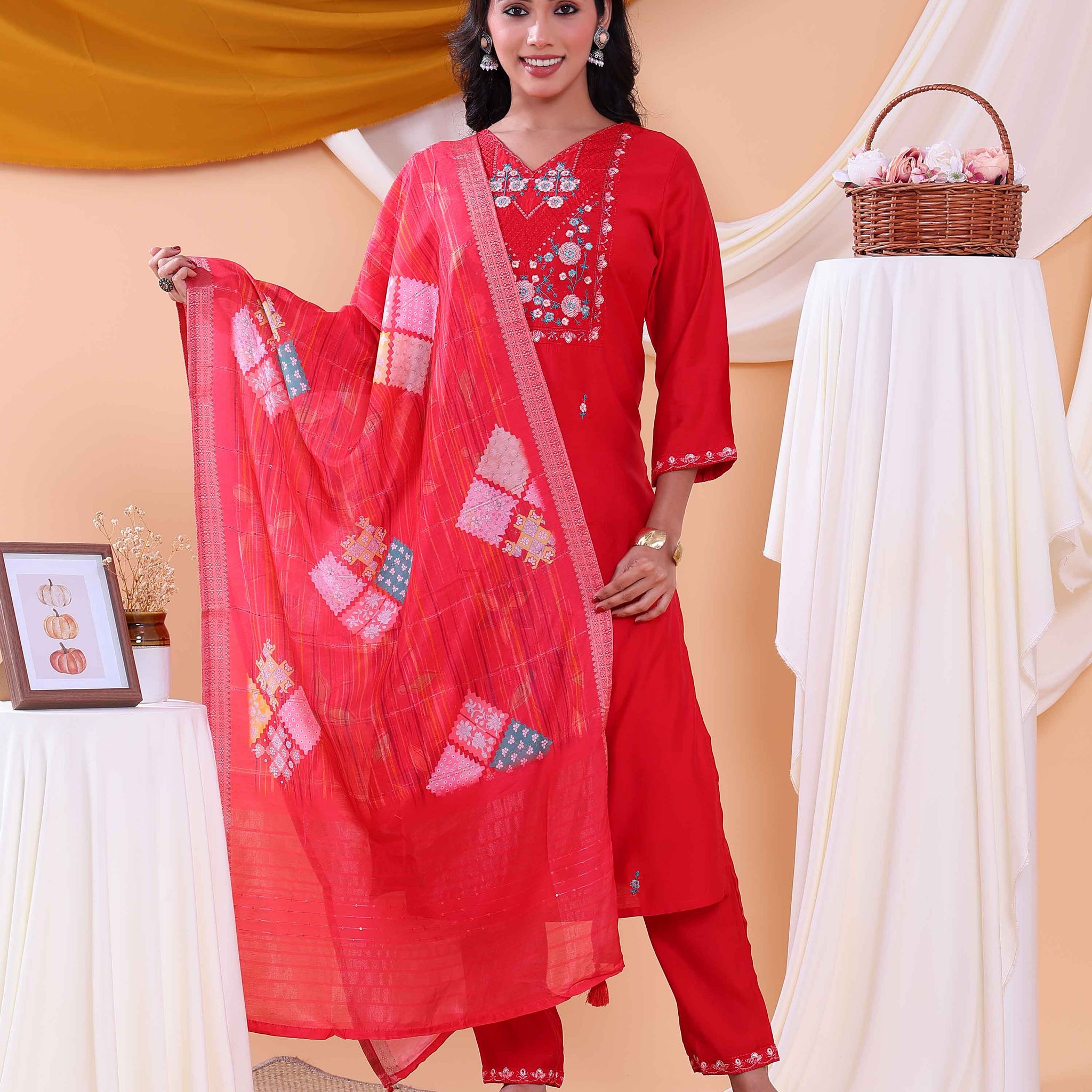 Elegant Women's Floral Embroidered Straight Fit Kurta Set with Dupatta - Red