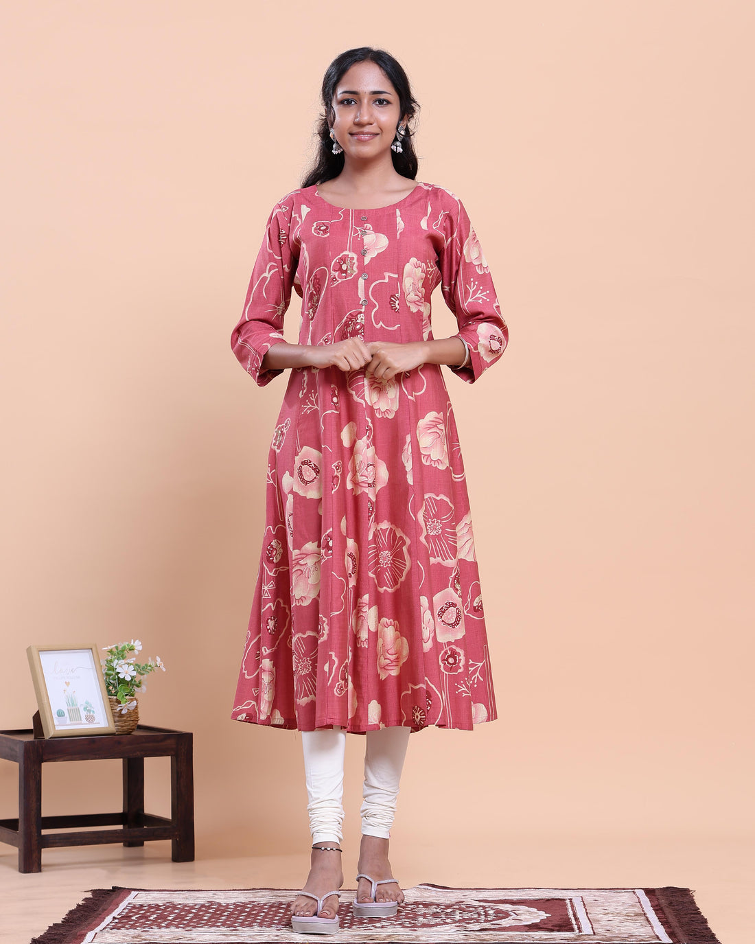 Elegant Women's Floral Printed A-Line Kurta with 3/4 th Sleeves- Pink