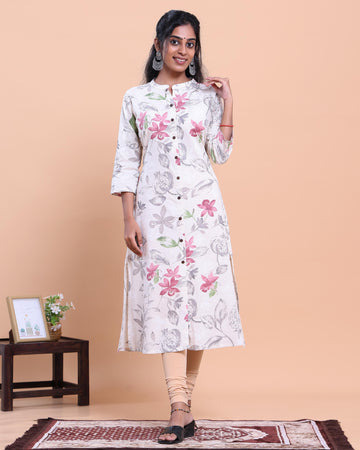 Elegant Women's Floral Printed Button Down Kurta - Off White