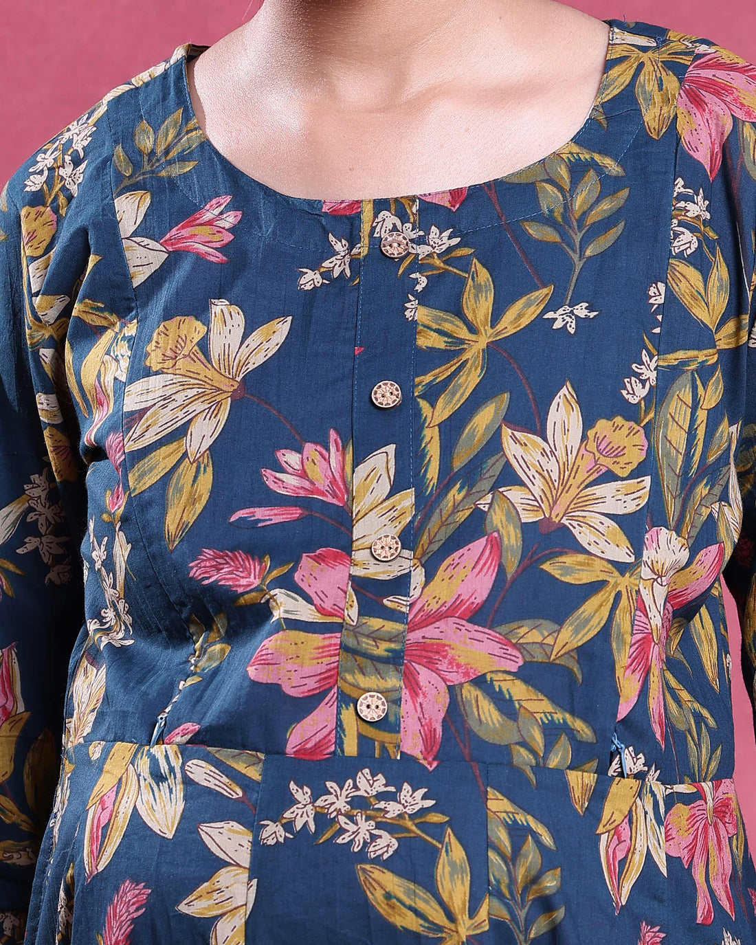 Elegant Women's Floral Printed Maternity Feeding Dress with Empire Waist A-Line Silhouette and 3/4th Sleeves - Blue