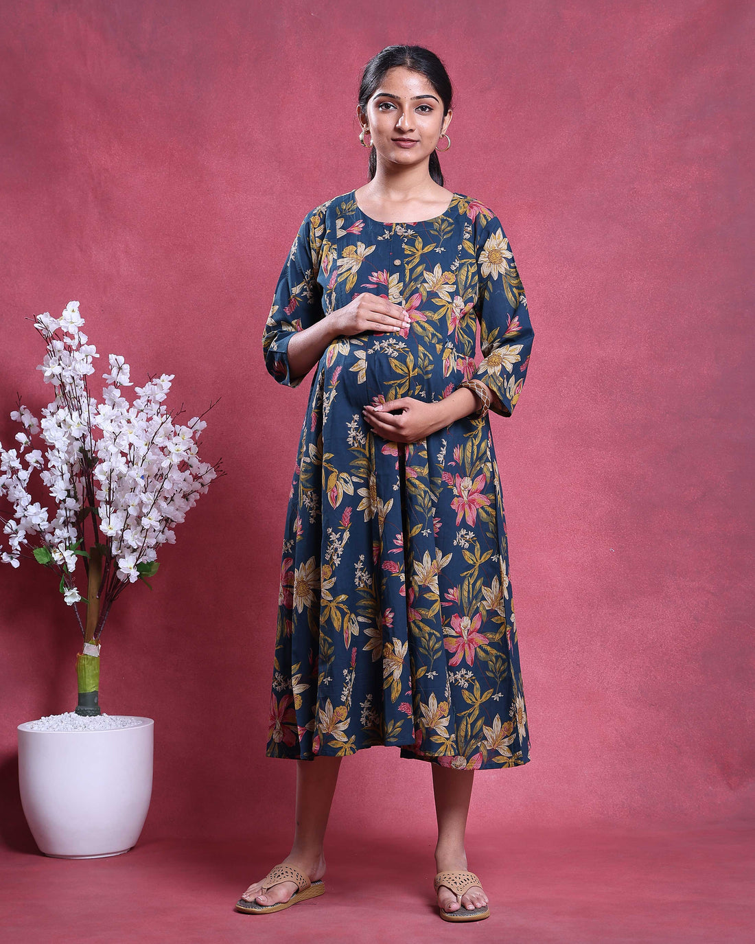 Elegant Women's Floral Printed Maternity Feeding Dress with Empire Waist A-Line Silhouette and 3/4th Sleeves - Blue