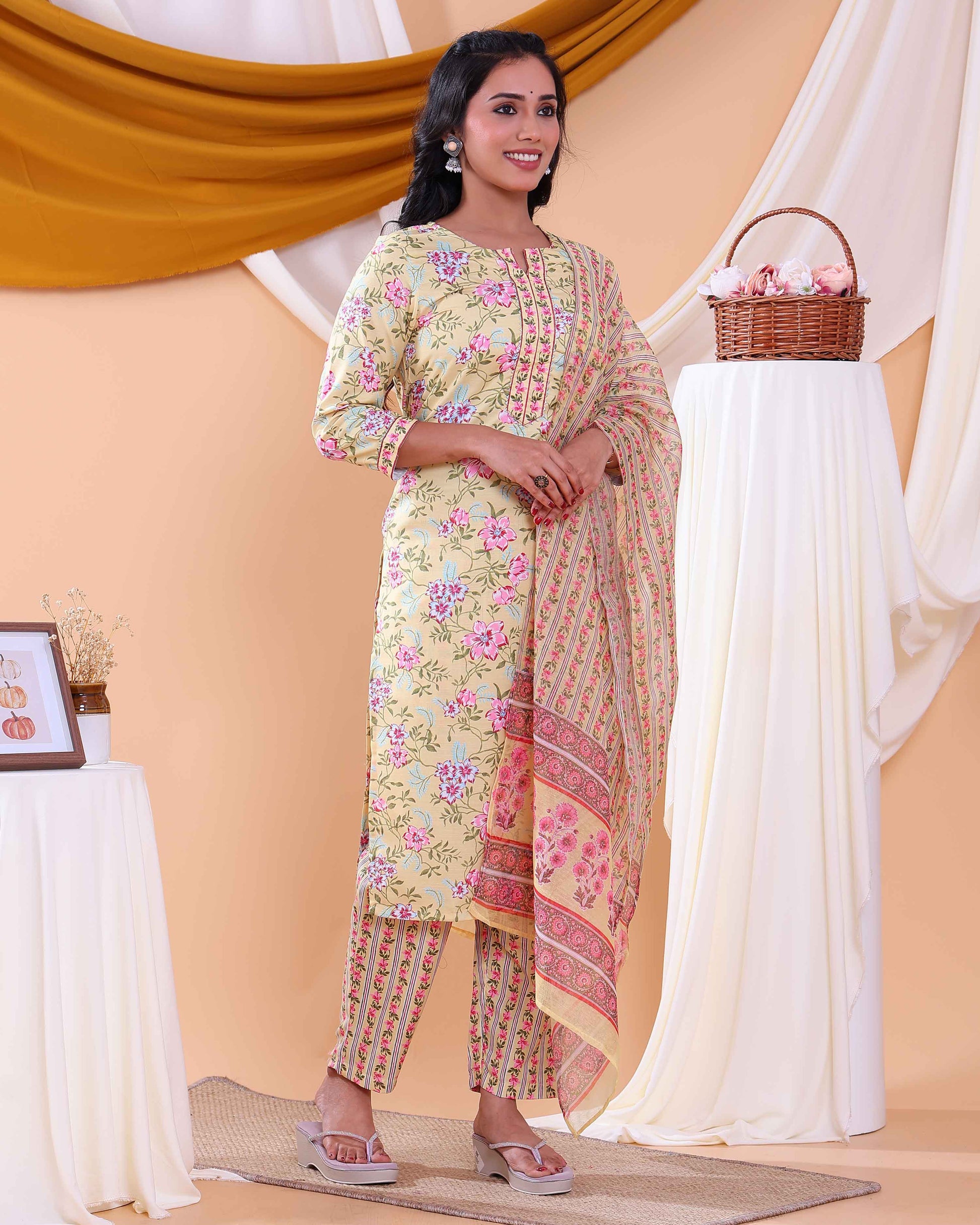 Elegant Women's Floral Printed Straight Kurta Set with Dupatta - Sandal-Side