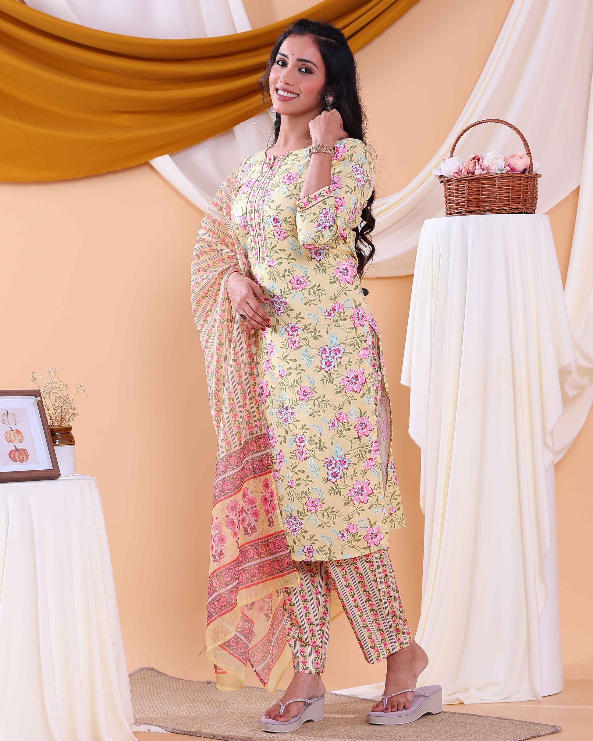 Elegant Women's Floral Printed Straight Kurta Set with Dupatta - Sandal-Side
