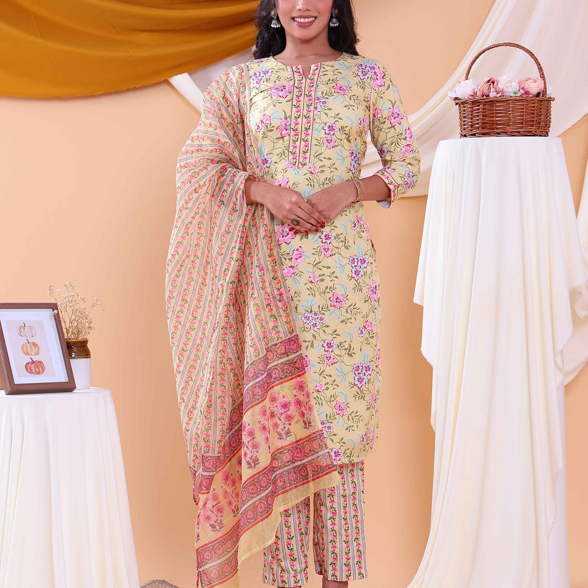 Elegant Women's Floral Printed Straight Kurta Set with Dupatta - Sandal