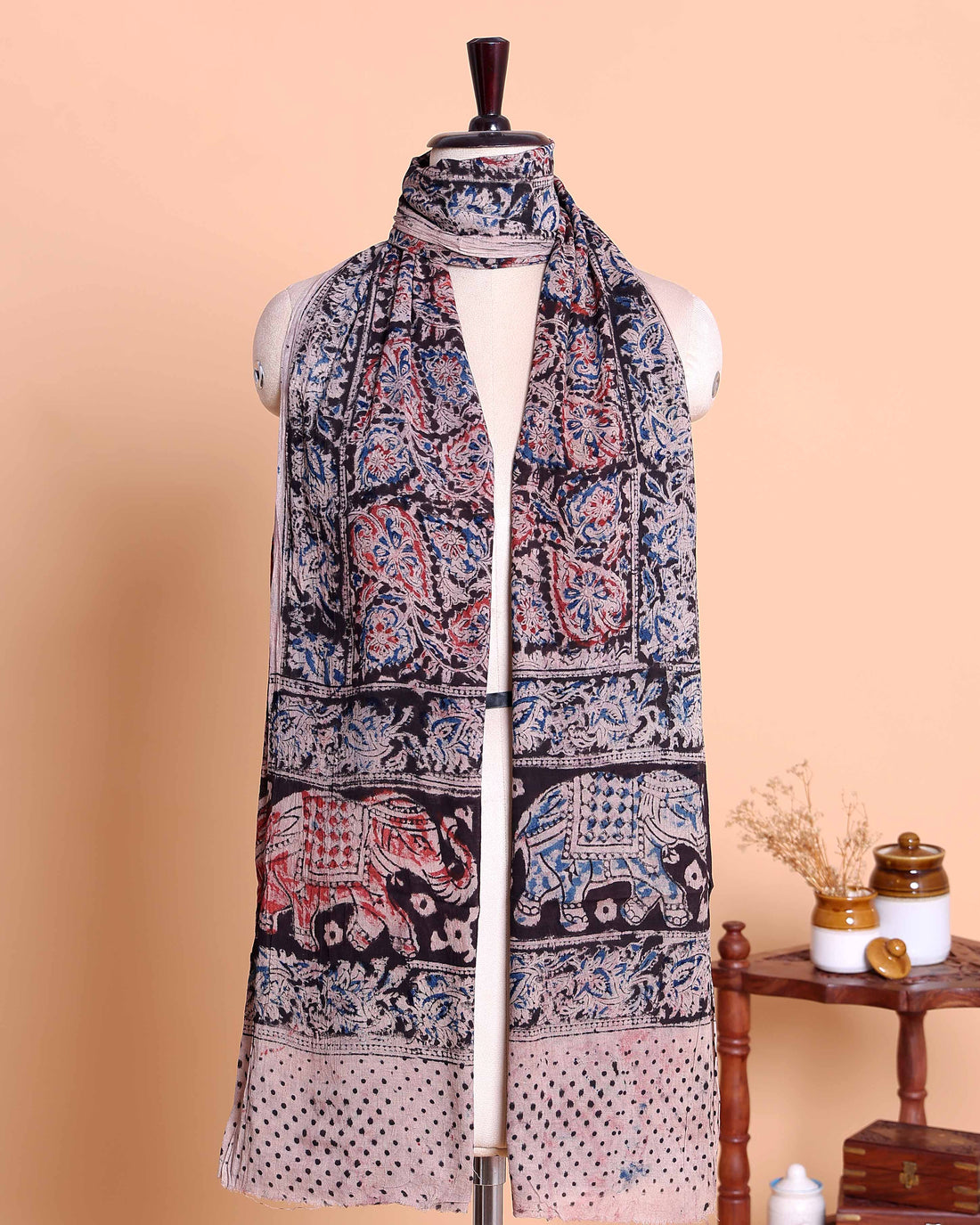 Elegant Women’s Kalamkari-Inspired Printed Dupatta with Intricate Paisley Floral Patterns and Traditional Elephant Motif Border - Multi
