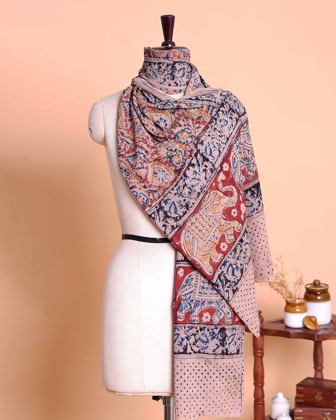 Elegant Women’s Kalamkari Inspired Printed Dupatta with Intricate Elephant Floral and Traditional Ethnic Motifs & Border Design - Multi