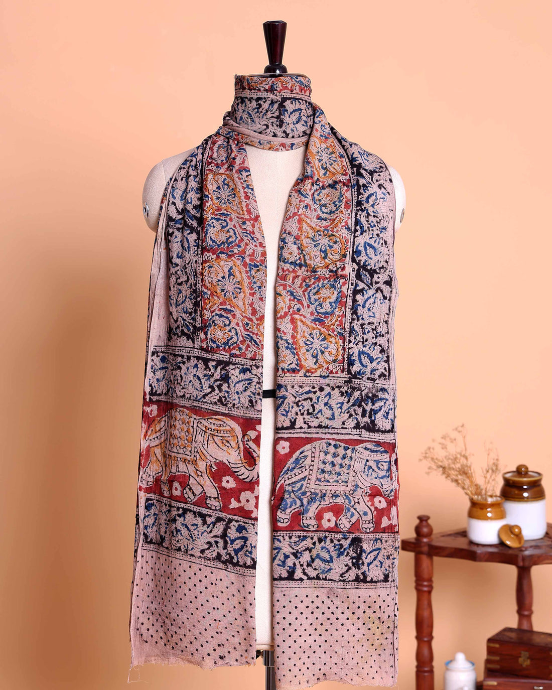 Elegant Women’s Kalamkari Inspired Printed Dupatta with Intricate Elephant Floral and Traditional Ethnic Motifs & Border Design - Multi