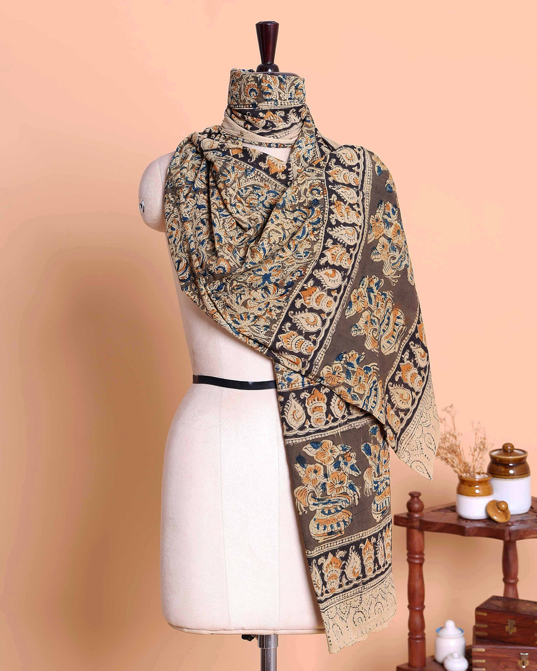 Elegant Women’s Kalamkari Inspired Printed Dupatta with Intricate Floral and Paisley Motifs Traditional Pot Design Border - Multi