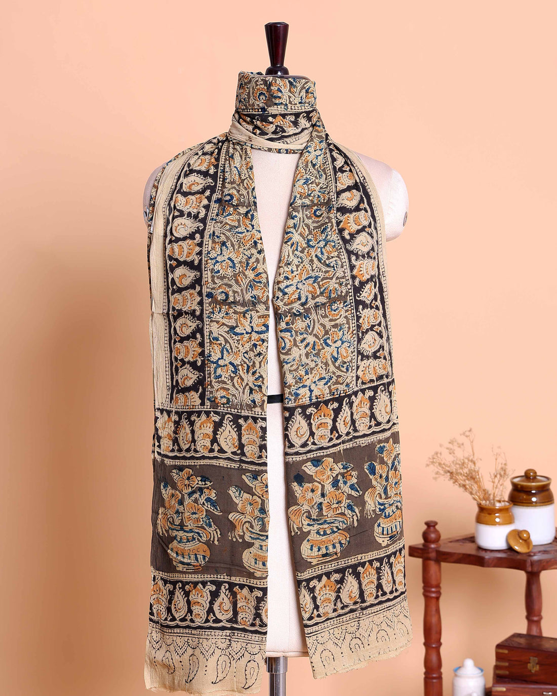 Elegant Women’s Kalamkari Inspired Printed Dupatta with Intricate Floral and Paisley Motifs Traditional Pot Design Border - Multi