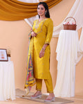 Elegant Women's Kurta Set with Floral Embroidery and Printed Dupatta - Yellow-Back