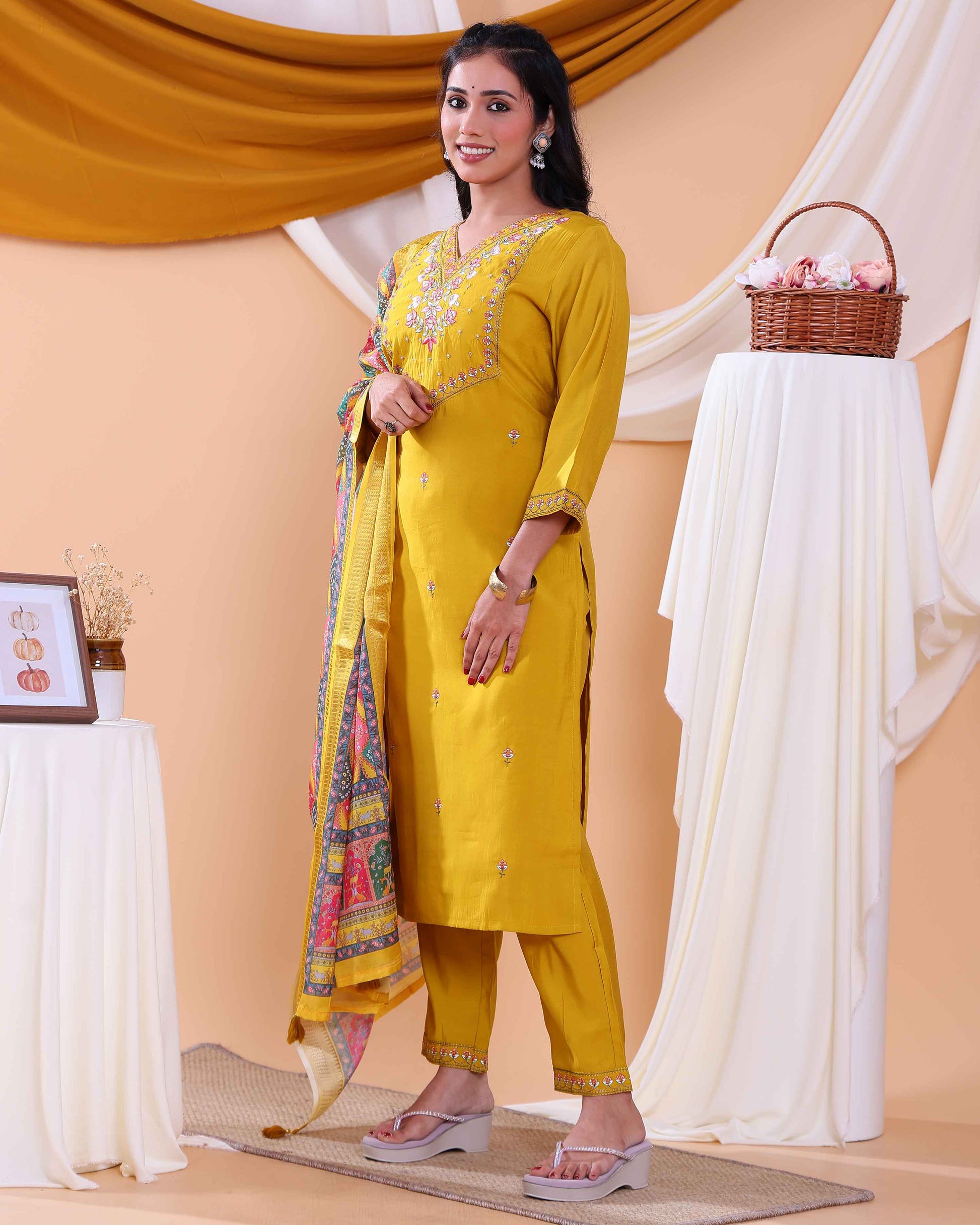 Elegant Women's Kurta Set with Floral Embroidery and Printed Dupatta - Yellow-Back