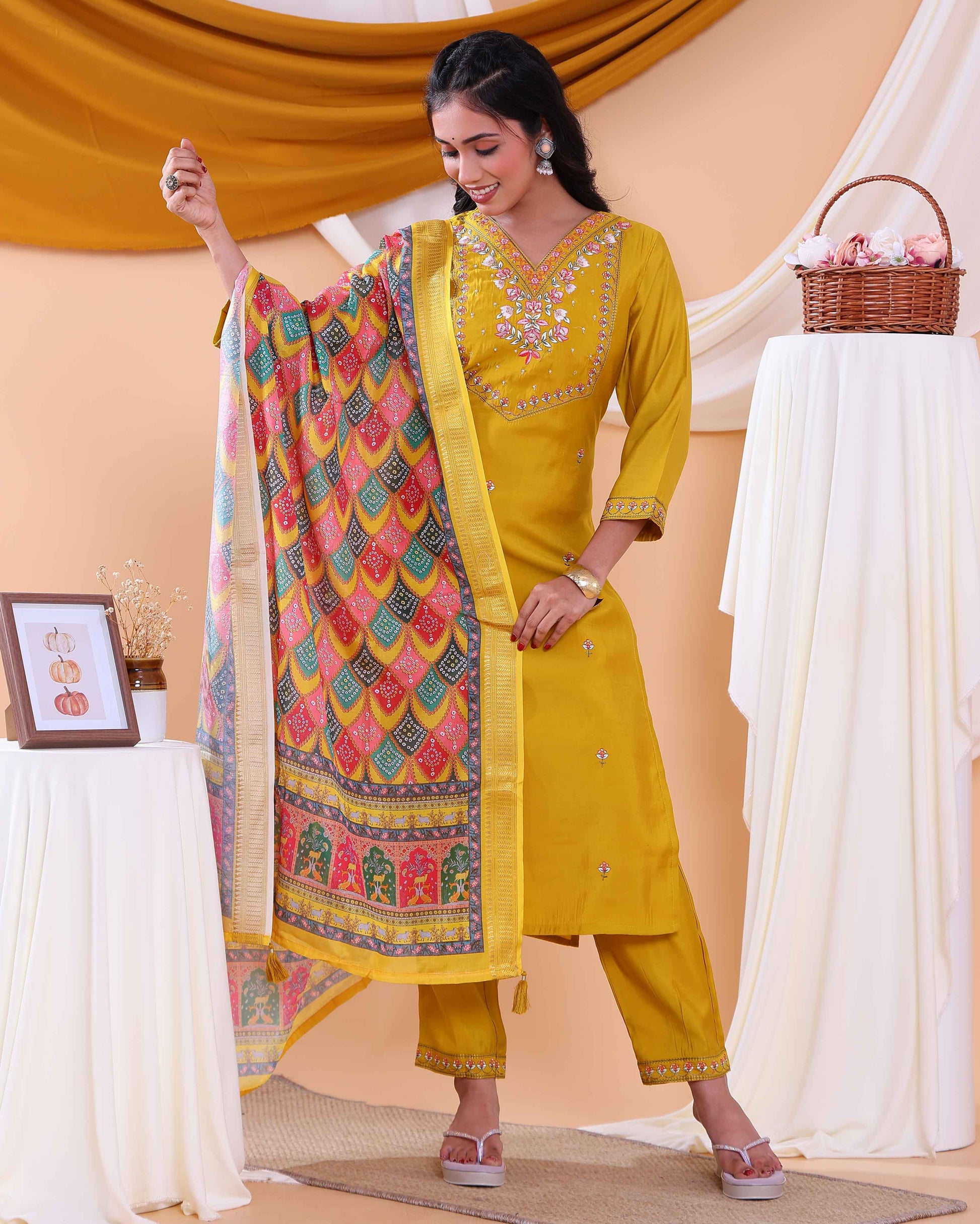 Elegant Women's Kurta Set with Floral Embroidery and Printed Dupatta - Yellow-Back