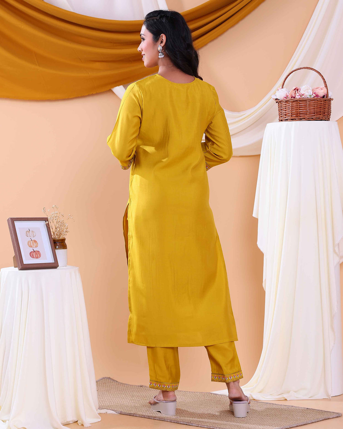 Elegant Women's Kurta Set with Floral Embroidery and Printed Dupatta - Yellow